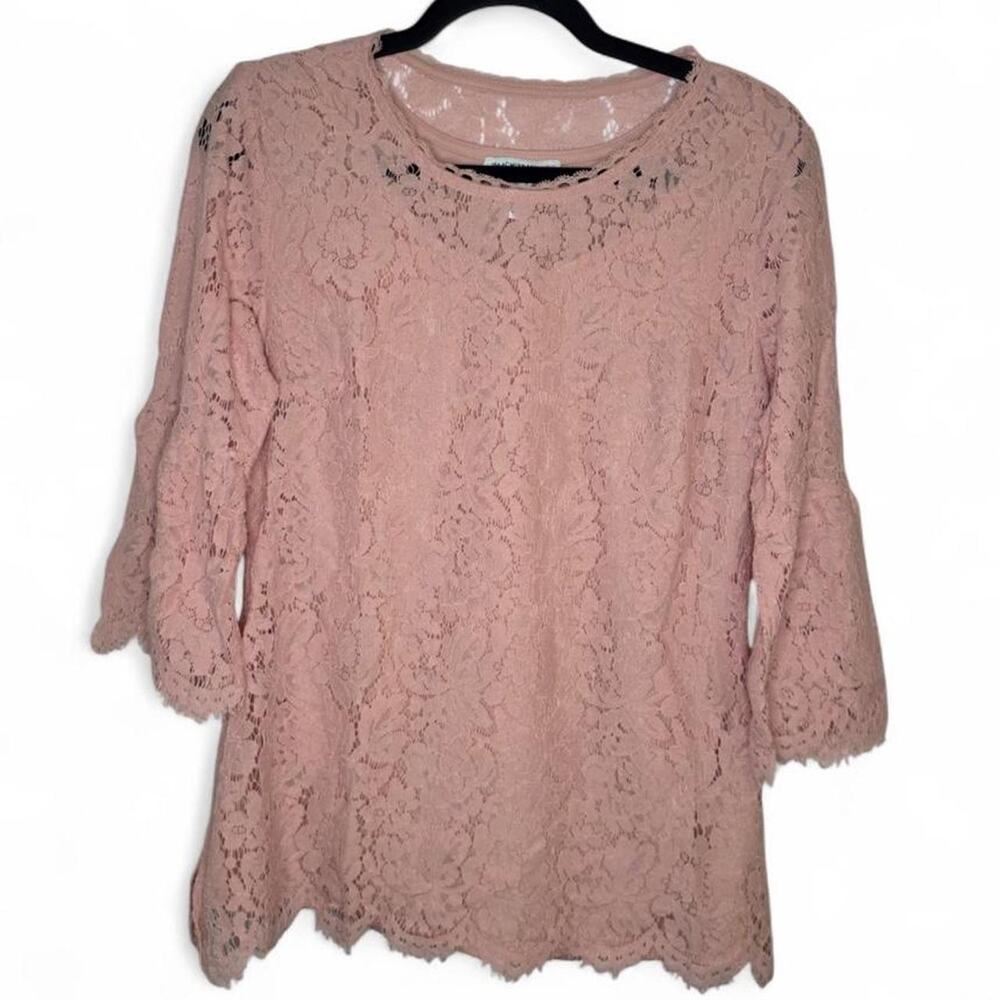 Isaac Mizrahi Pink Lace Blouse Bell Sleeve Floral Top Size Small